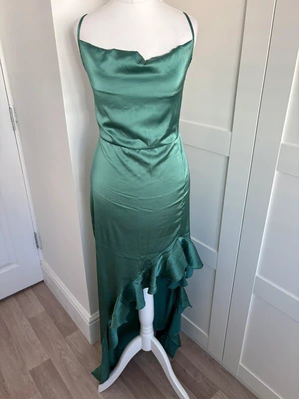 PrettyLittleThing PrettyLittleThing Green Satin Slip Maxi Dress UK 12 Asymmetric Ruffle Hem Evening Wedding Guest