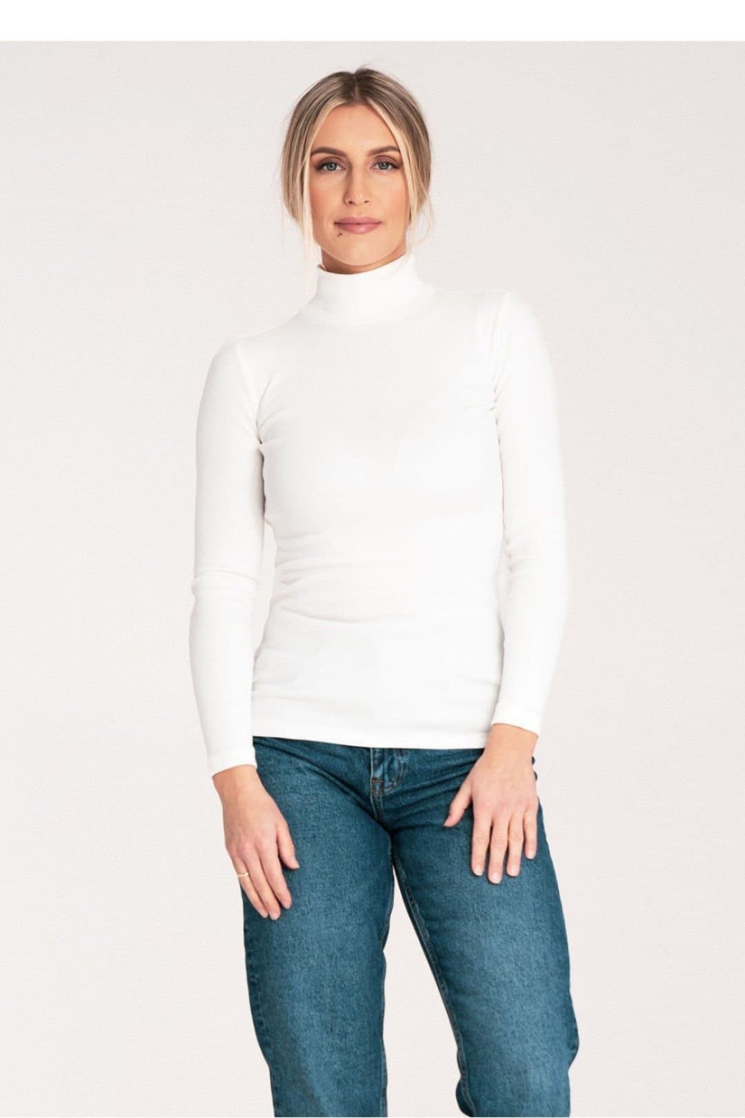 Love Lace Love Lace White Cotton Turtleneck Long Sleeve Ribbed Top
