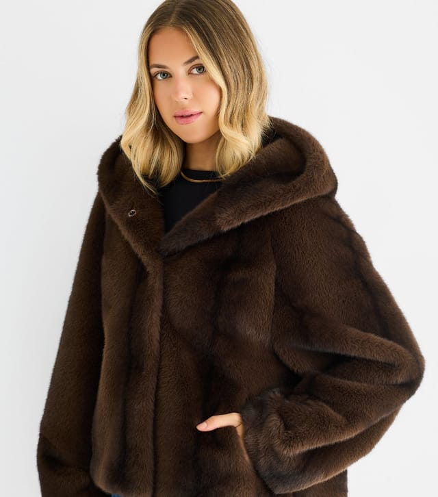 Gini London Women's Mid Brown Faux Fur Hooded Jacket Gini London New Look - 2