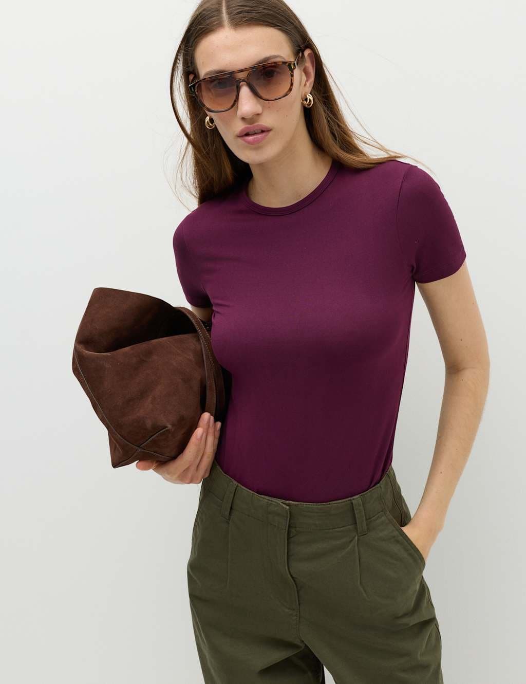 Marks & Spencer M&S Crew Neck Second Skin T-Shirt Dark Mulberry