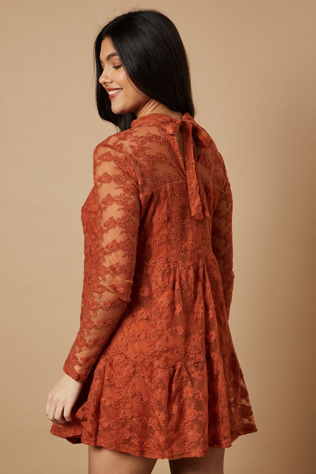 Warehouse Warehouse Women's Embroidered Mesh High Neck Tier Smock Mini Dress in Rust - 3