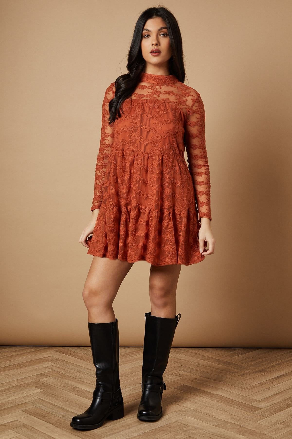 Warehouse Warehouse Women's Embroidered Mesh High Neck Tier Smock Mini Dress in Rust - 4