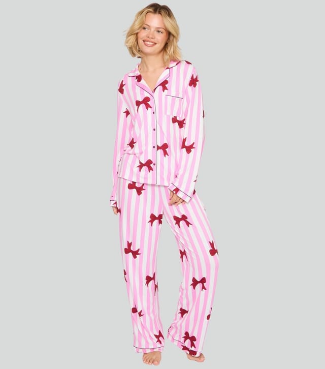 Loungeable Women's Pink Striped Bow Print Pyjama set Loungeable New Look - 2