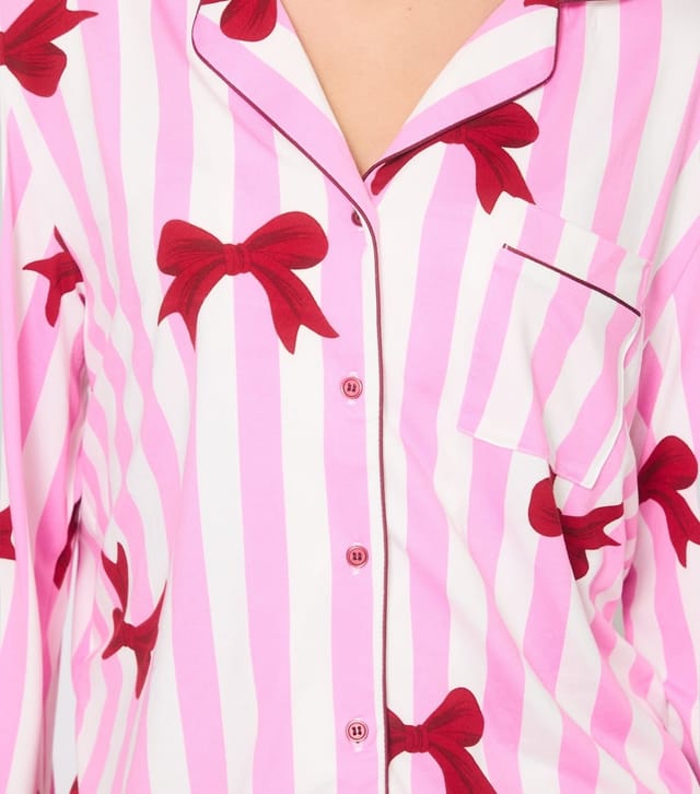 Loungeable Women's Pink Striped Bow Print Pyjama set Loungeable New Look - 3