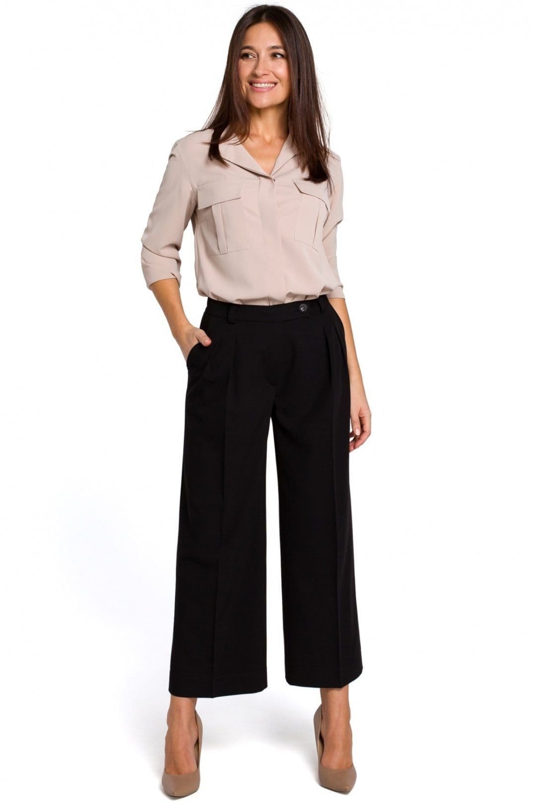 Love Lace Women's Loose Solid Culottes with Zip & Button in Black