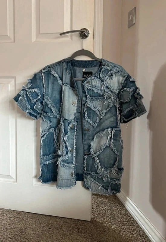 Boohoo Boohoo distressed patchwork denim baseball shirt - 1