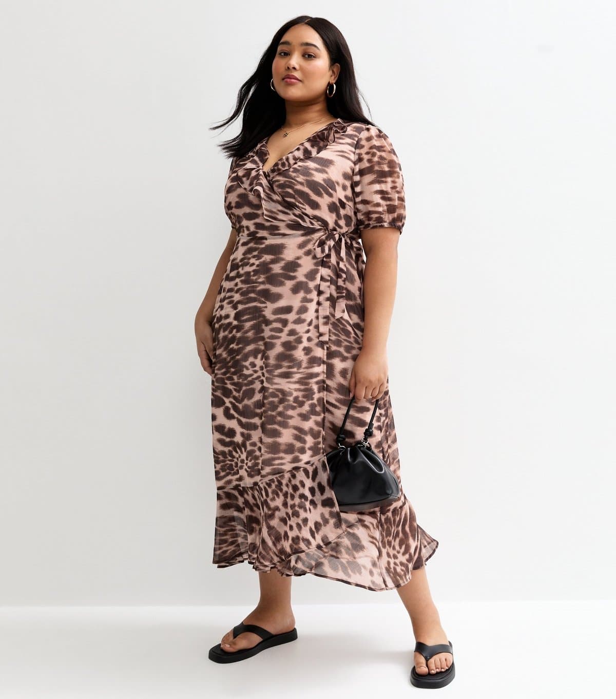 New Look Women's Plus Size Brown Animal Print Wrap Midi Dress Curves New Look