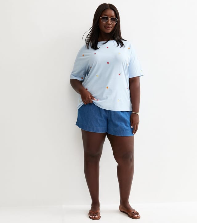 New Look Women's Plus Size Light Blue Fruit Embroidered Boxy T-Shirt Curves New Look - 3