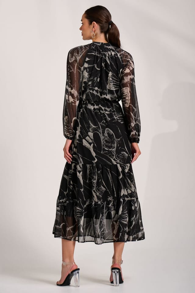 Jolie Moi Jolie Moi Women's Chiffon Long Sleeve Tiered Maxi Dress in Black - 2