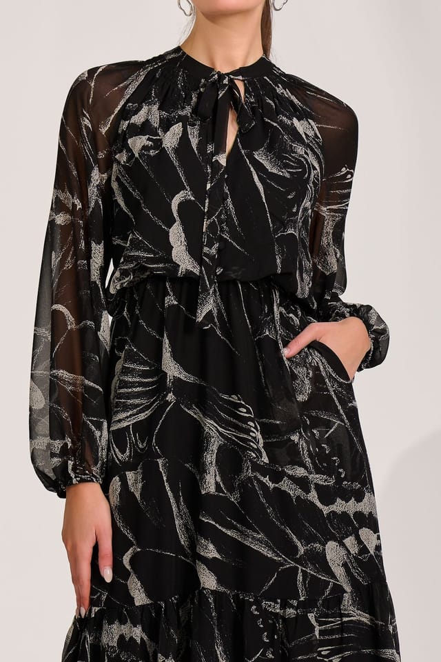 Jolie Moi Jolie Moi Women's Chiffon Long Sleeve Tiered Maxi Dress in Black - 3