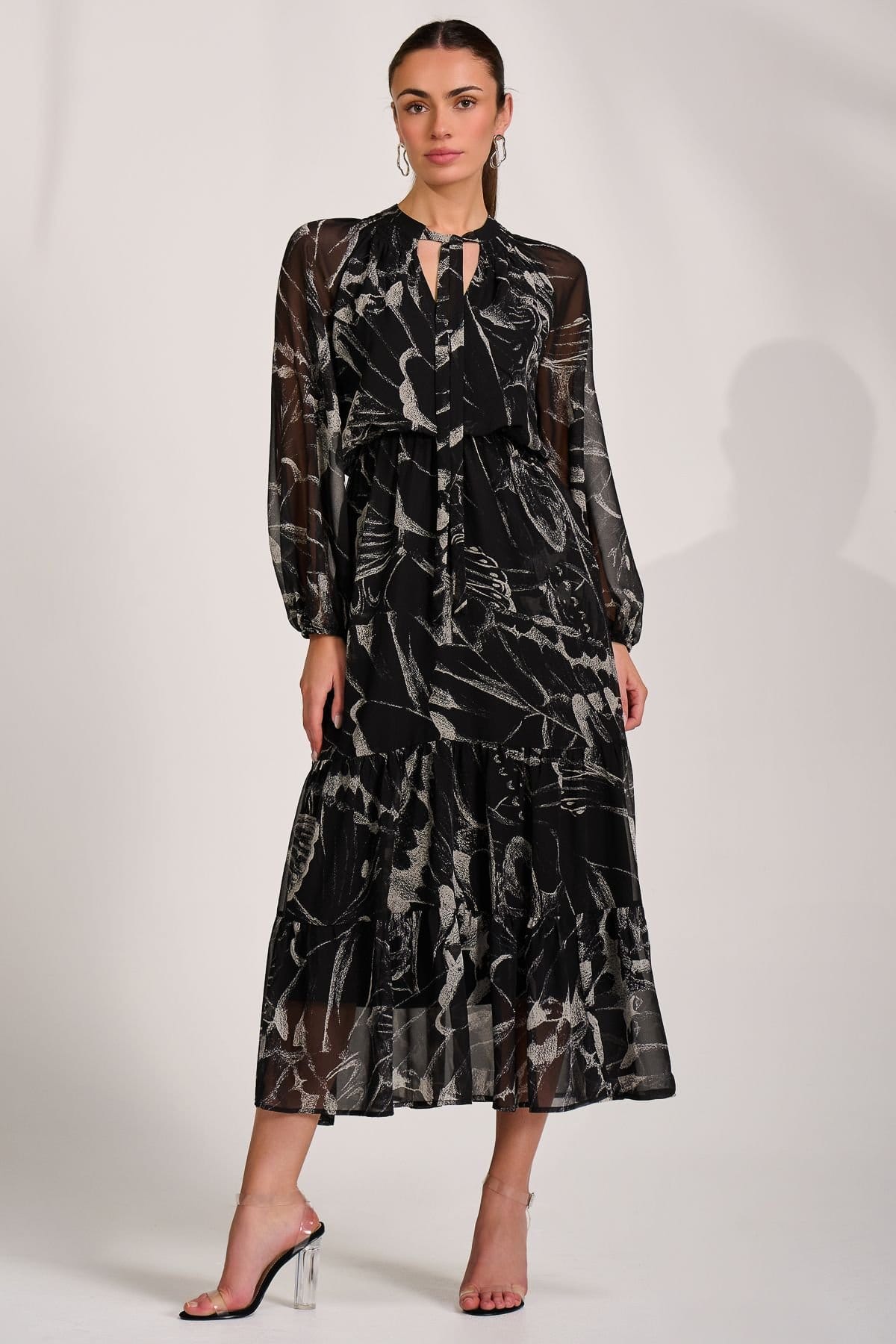 Jolie Moi Jolie Moi Women's Chiffon Long Sleeve Tiered Maxi Dress in Black - 4