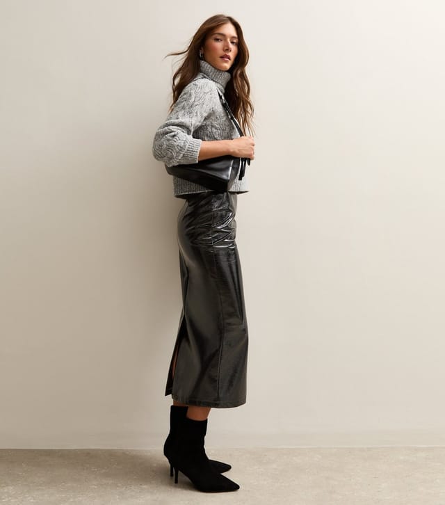 New Look Women's Black Cracked Faux Leather Midi Skirt New Look - 3