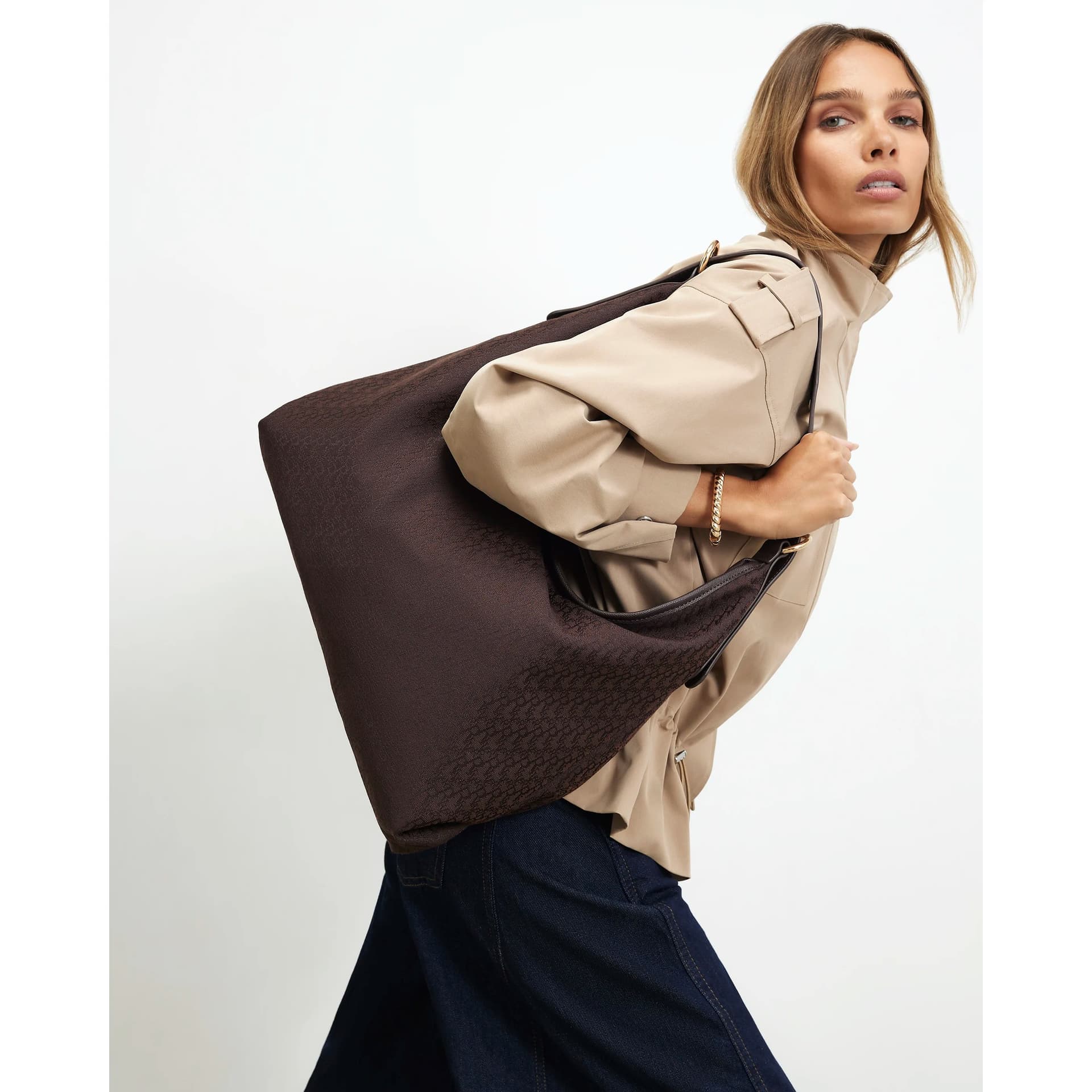 River Island River Island Womens Brown Monogram Jacquard Slouch Bag