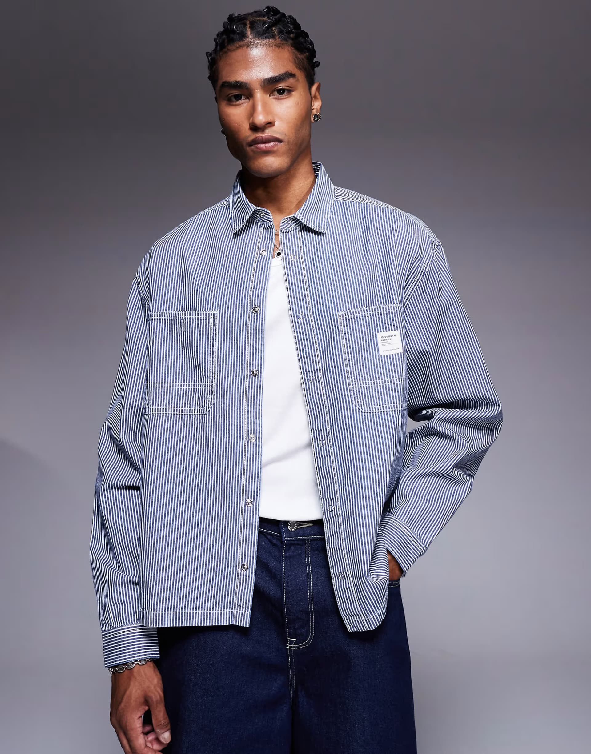 ASOS ASOS DESIGN boxy oversized denim shirt with badge in navy stripe