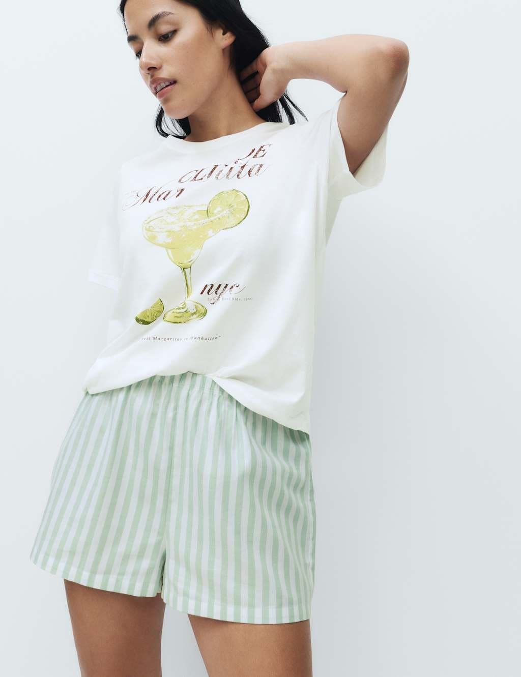 Marks & Spencer M&S Cotton Rich Printed Shortie Set Green Mix