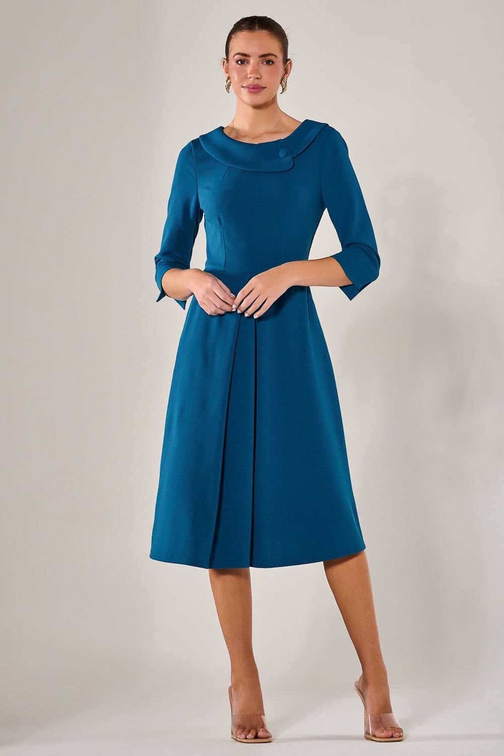 Jolie Moi Jolie Moi Women's Roll Collar Long Sleeve Midi Dress in Teal