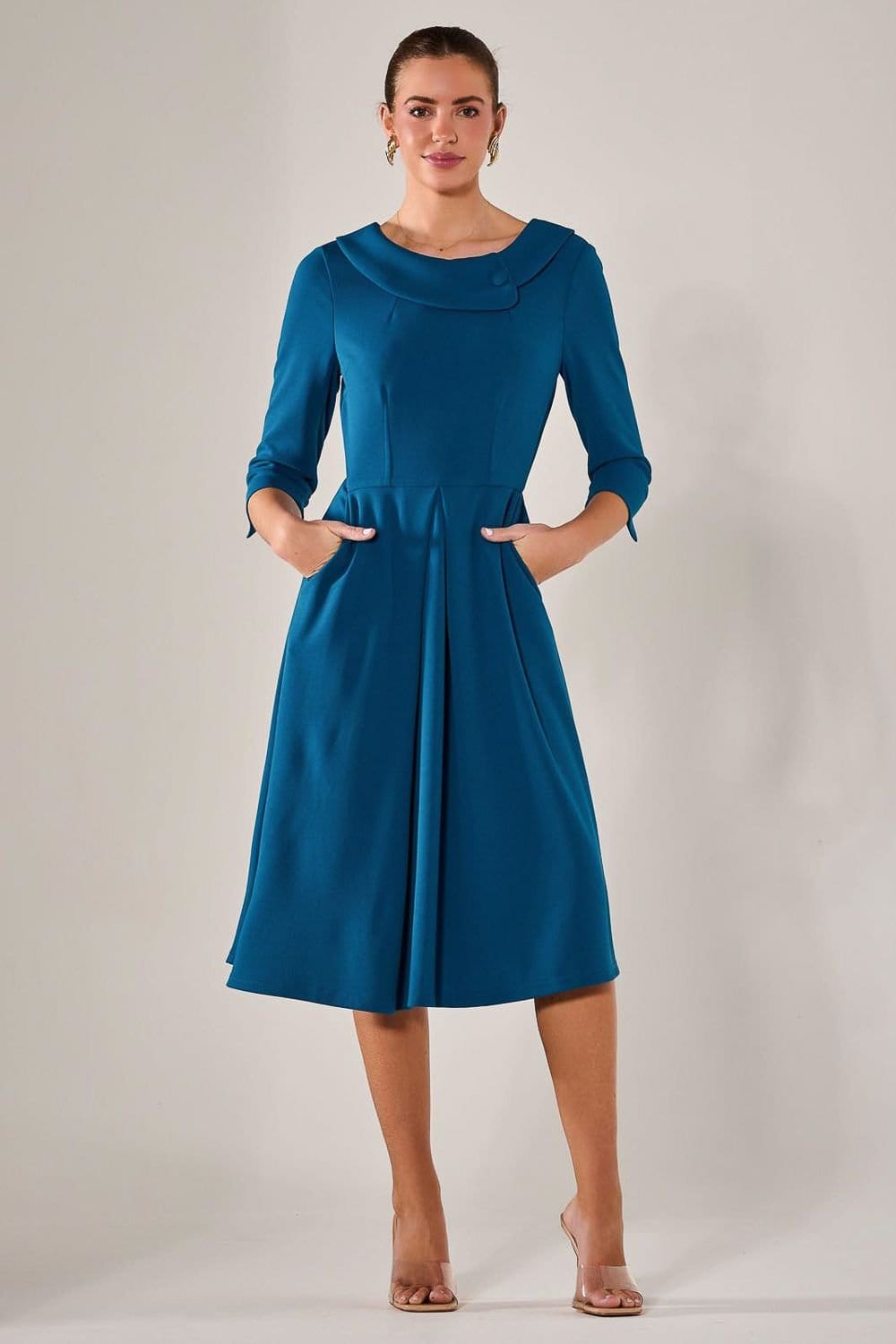 Jolie Moi Jolie Moi Women's Roll Collar Long Sleeve Midi Dress in Teal - 4