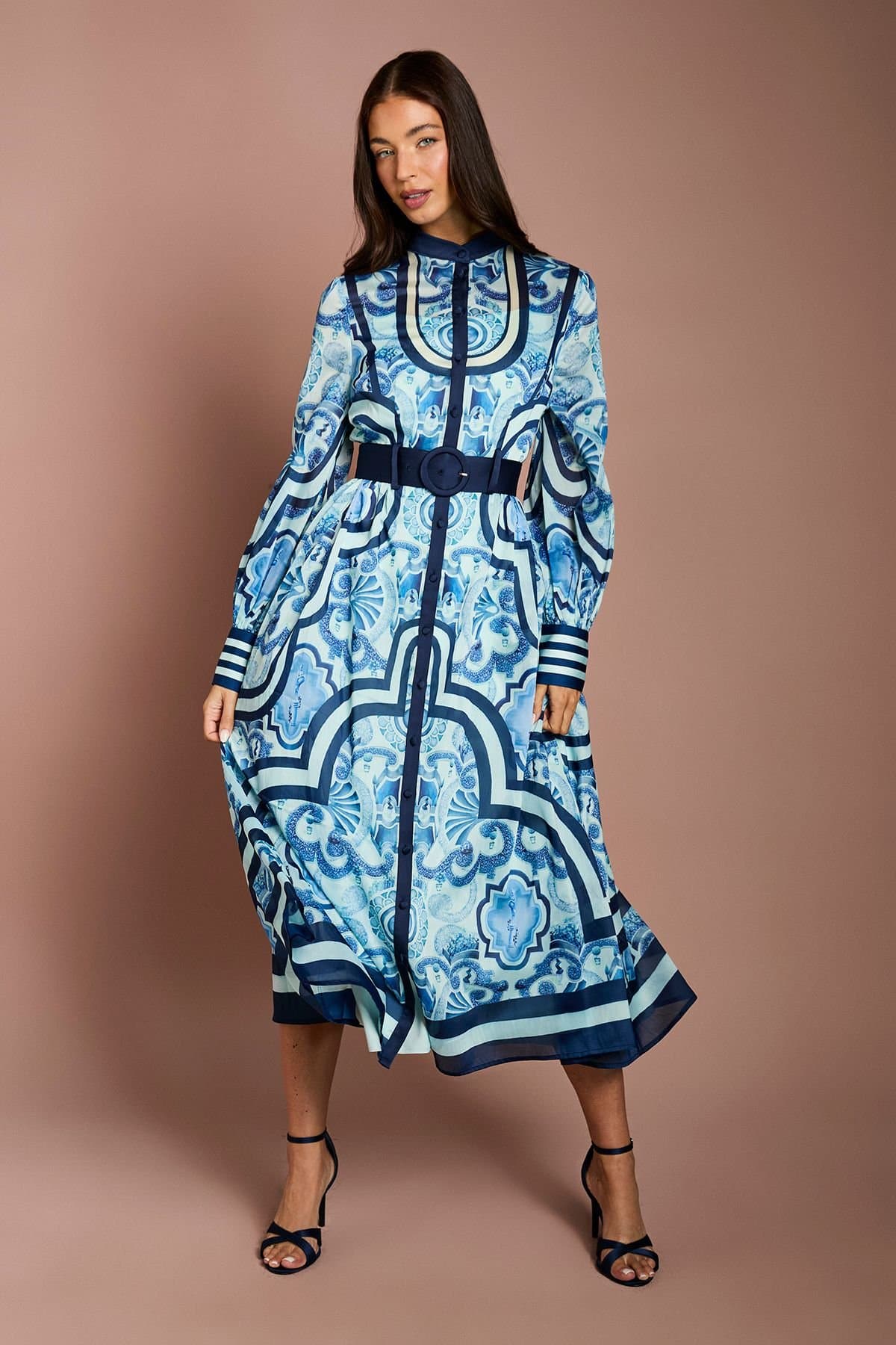 Coast Coast Women's Lisa Tan Organza Belted Shirt Dress in Blue