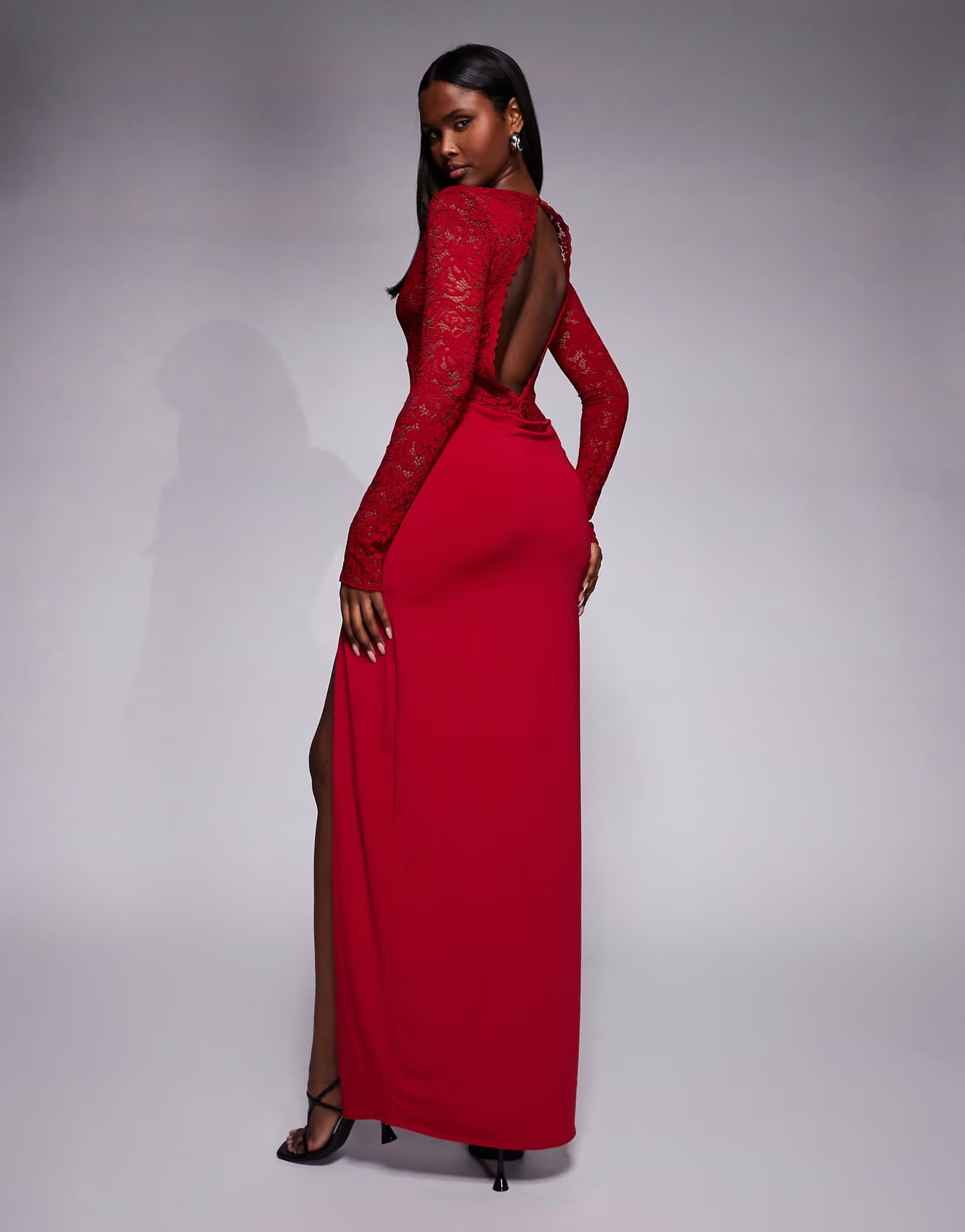 ASOS Oh Polly lace bodice plunge neck draped skirt maxi dress in red