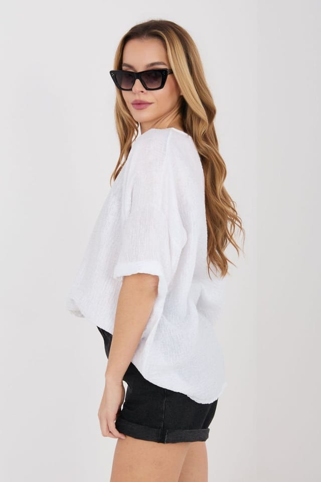 Love Lace Love Lace Women's Textured V Neck Short Sleeve Shirt in White - 2