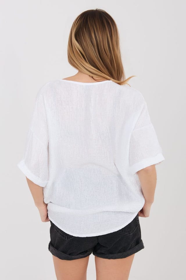Love Lace Love Lace Women's Textured V Neck Short Sleeve Shirt in White - 3