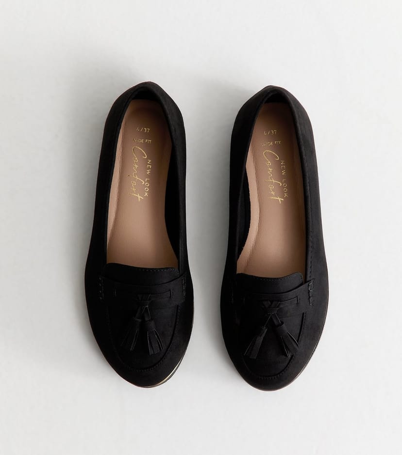 New Look Women's Wide Fit Black Faux Suede Tassel Loafers Vegan New Look - 1