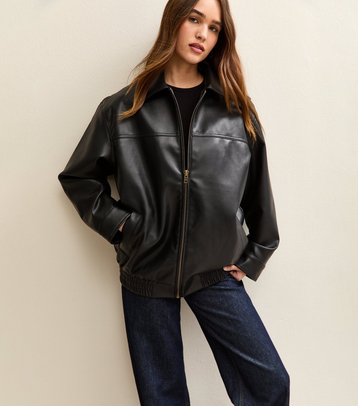 New Look Women's Black Faux Leather Oversized Bomber Jacket New Look - 3