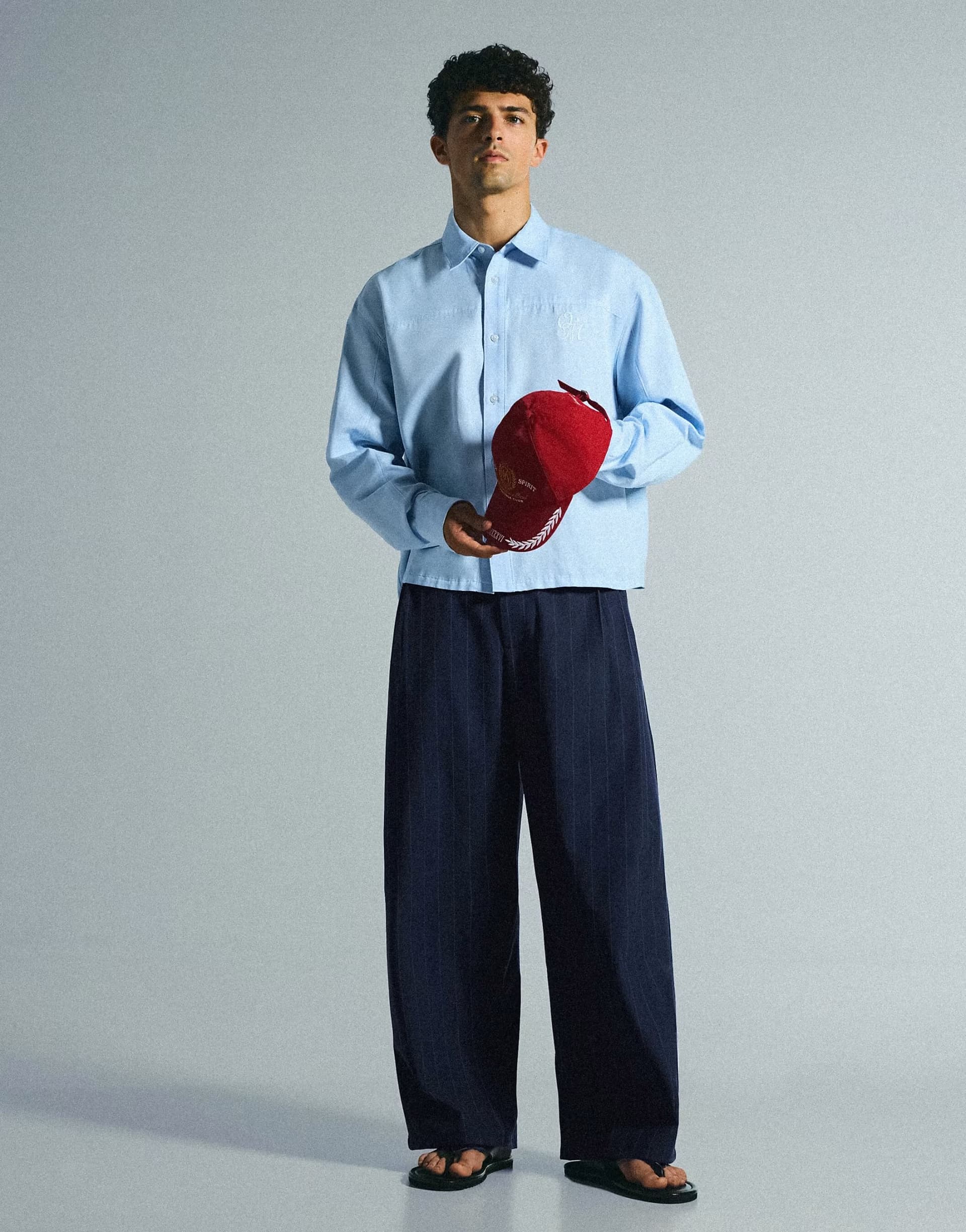 ASOS Bershka Super baggy pinstripe darted trousers in blue