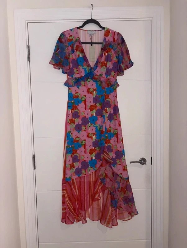 Never Fully Dressed Never Fully Dressed Pink Blue Floral Stripe ruffle Midi Dress Size 8 Occasion Summer wedding guest - 1