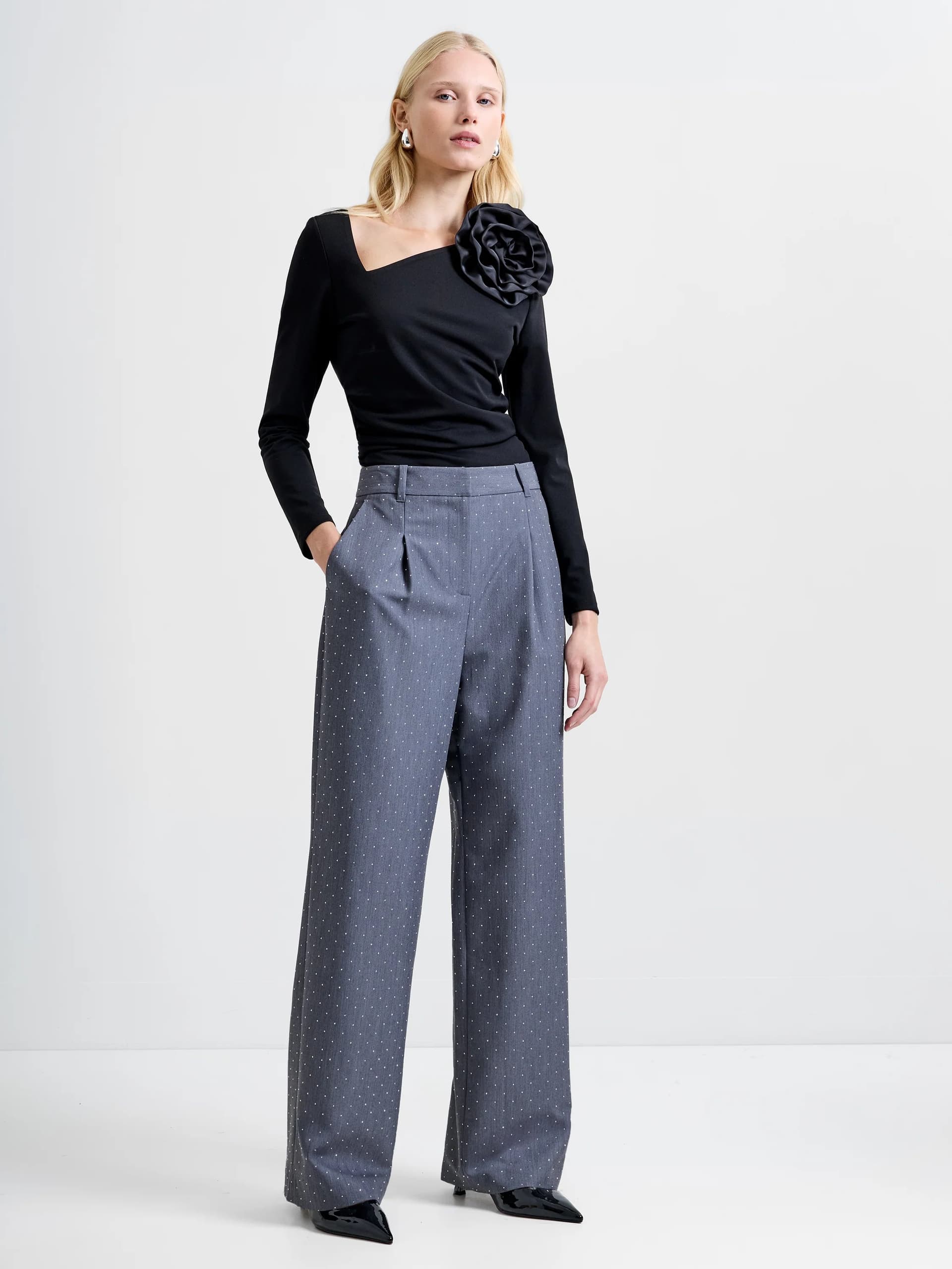 French Connection Sherry Hotfix Diamante Wide Leg Trousers Grey Silver