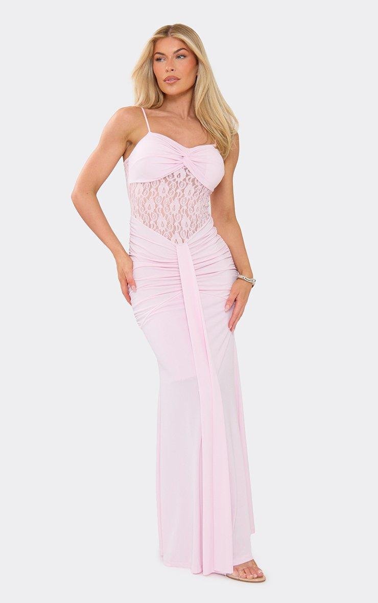 EGO Strappy Twisted Bust Draped Detail Lace Insert Maxi Dress In Pink, Women's Size UK L - 2