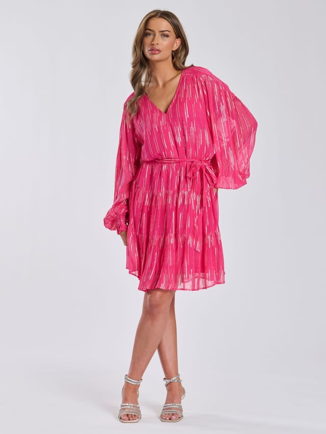 Finding Friday Finding Friday Women's Metallic Star Long Sleeve Short Dress in Dark Pink - 2