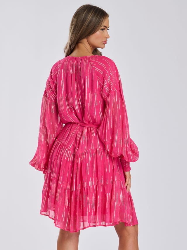 Finding Friday Finding Friday Women's Metallic Star Long Sleeve Short Dress in Dark Pink - 3