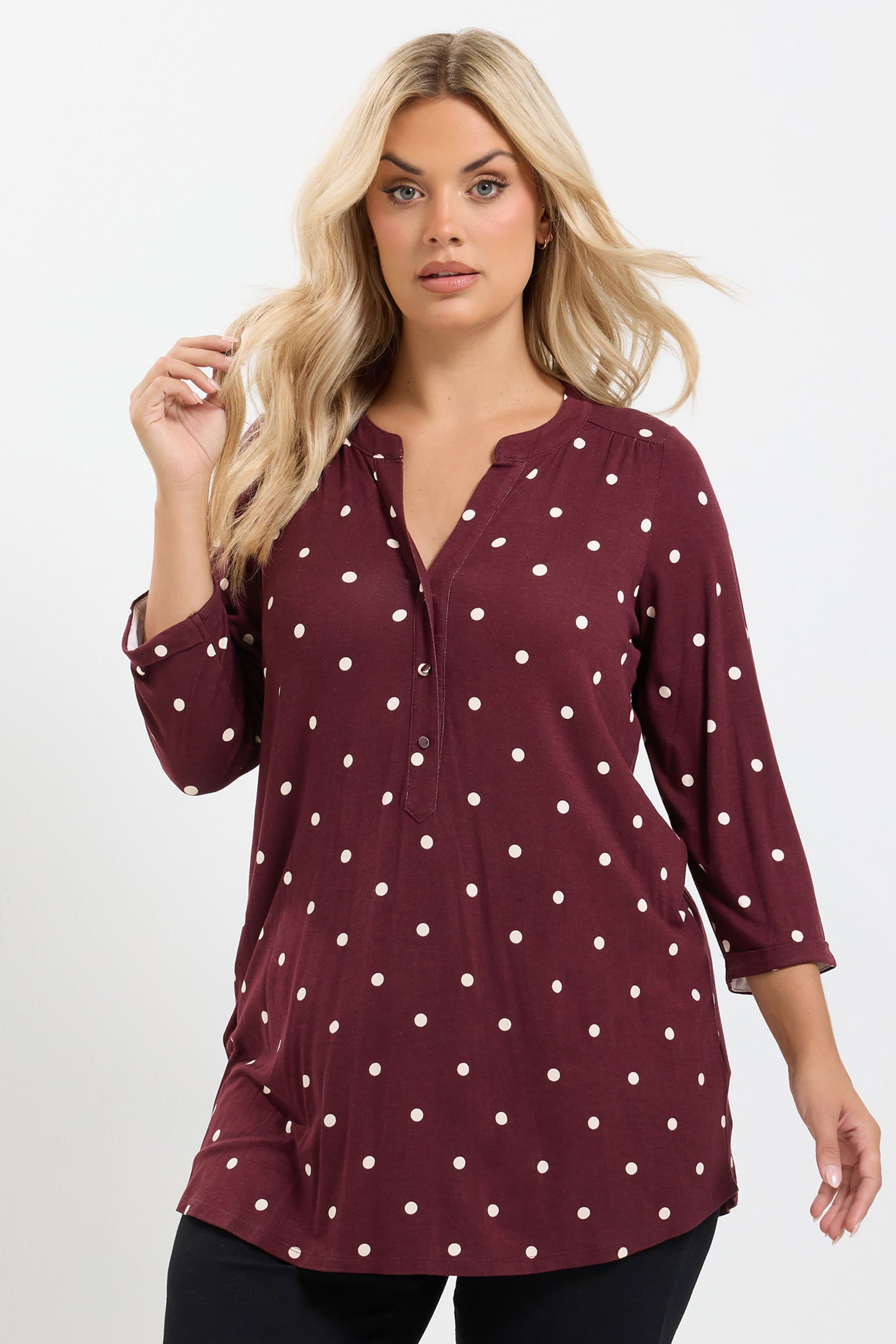 Yours Plus Size Burgundy Red Spot Print Half Placket Shirt