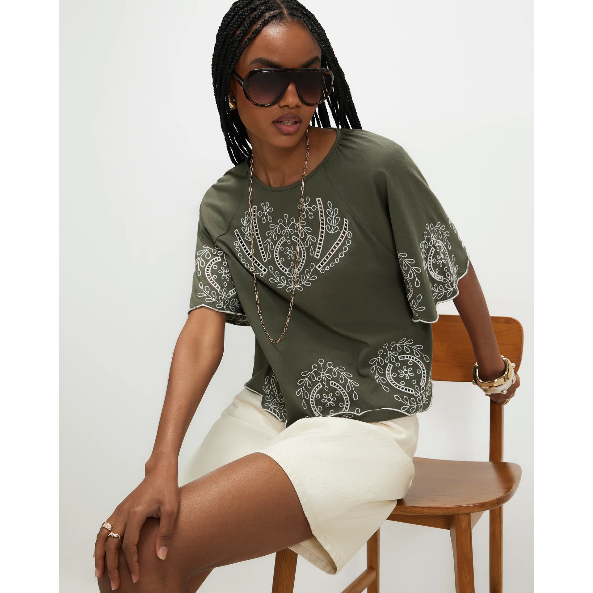 River Island River Island Womens Khaki Cotton Embroidered Cutwork T-Shirt