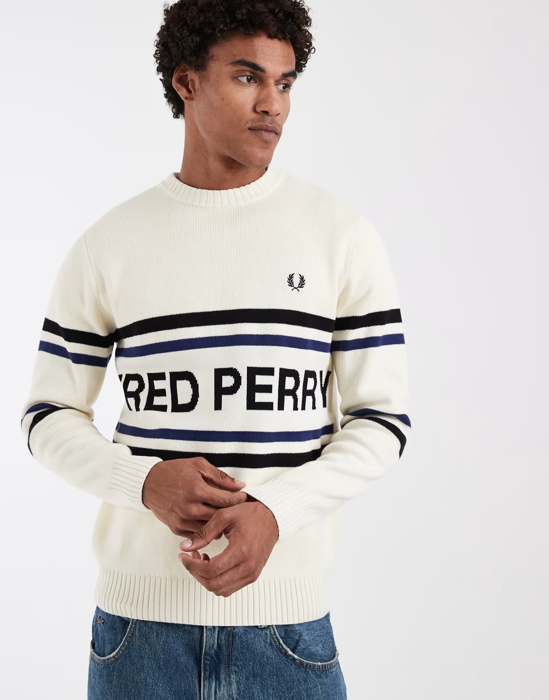 ASOS Fred Perry stripe logo graphic knit jumper in ecru