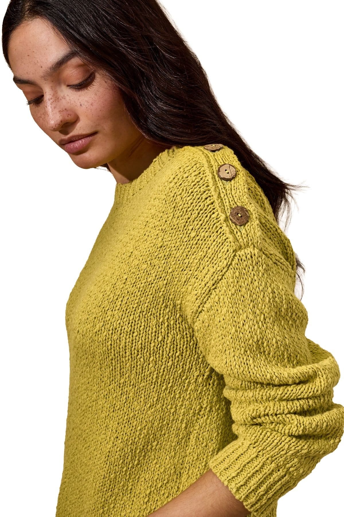 Celtic & Co Celtic & Co Women's Slub Knit Button Detail Sweater in Mustard - 4