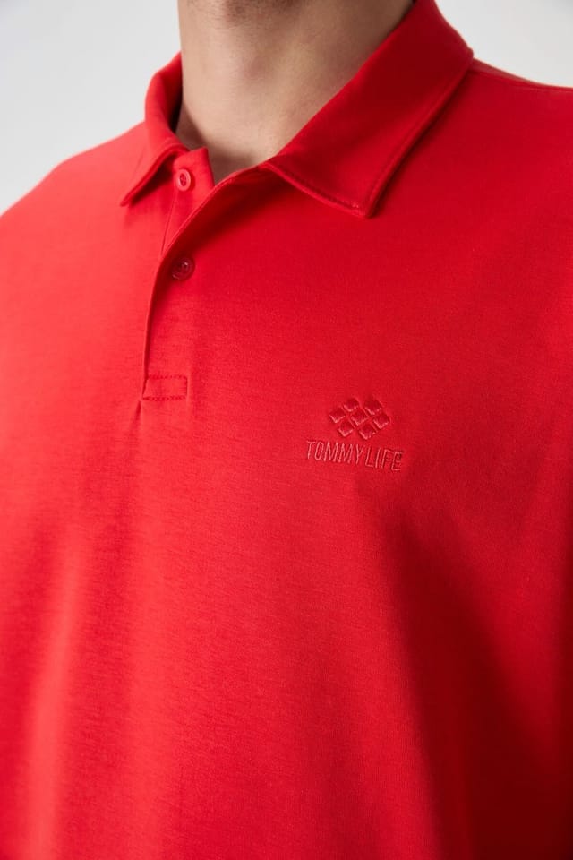 Tommy Life Tommy Life Men's Oversized Polo T-Shirt in Red - 3