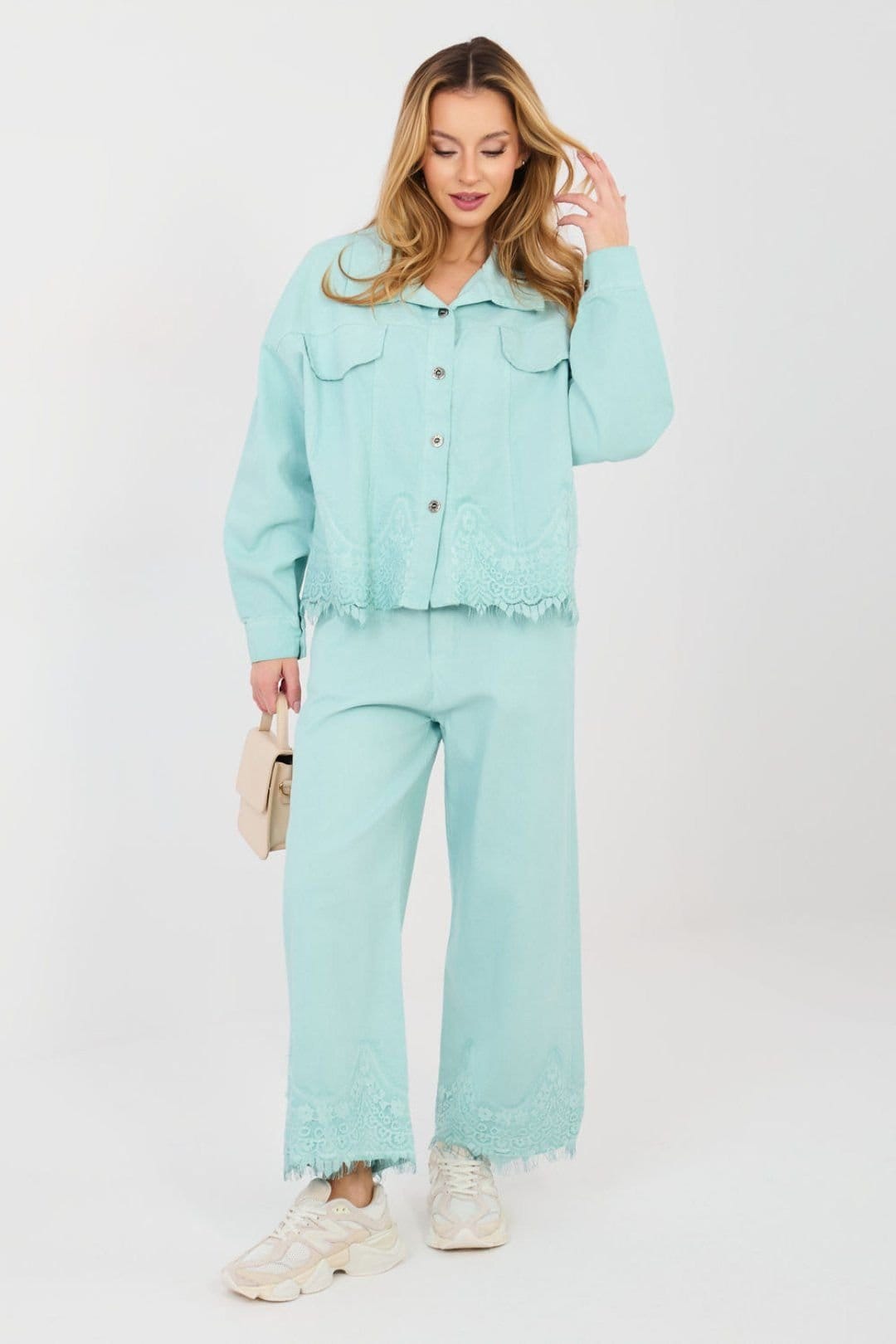 Love Lace Green Cotton Denim Jacket with Lace Hem