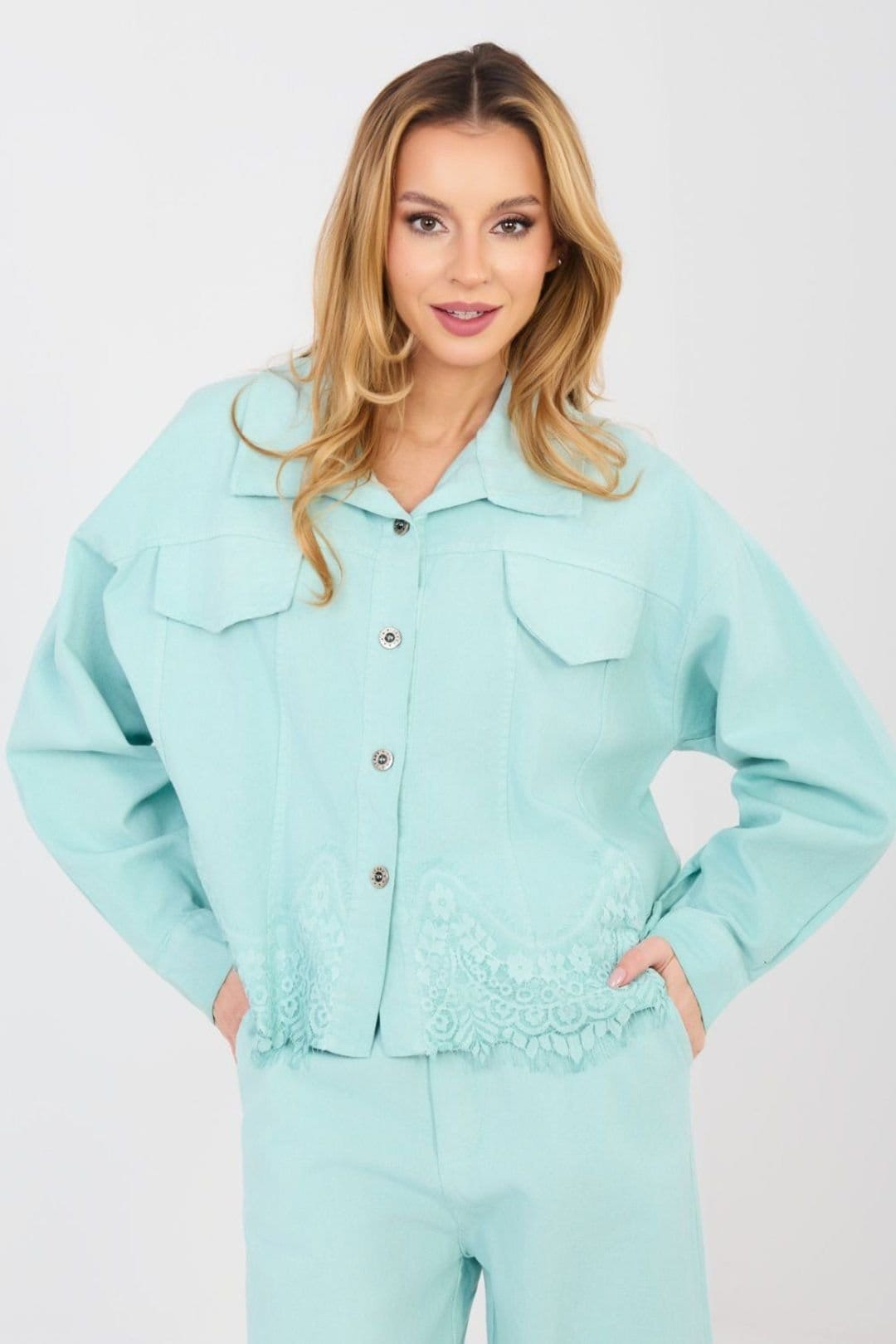 Love Lace Love Lace Women's Cotton Denim Jacket with Lace Hem in Green - 4