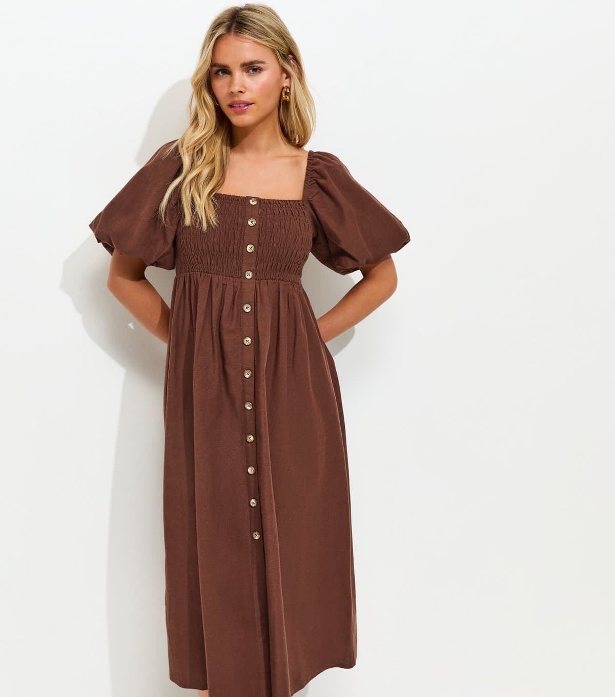 New Look Women's Petite Dark Brown Button Through Milkmaid Midi Dress New Look