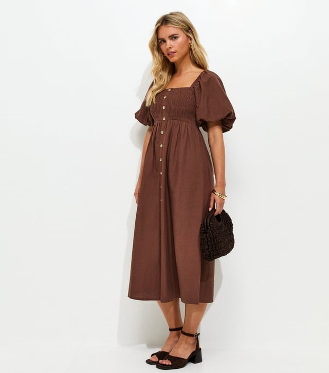 New Look Women's Petite Dark Brown Button Through Milkmaid Midi Dress New Look - 3