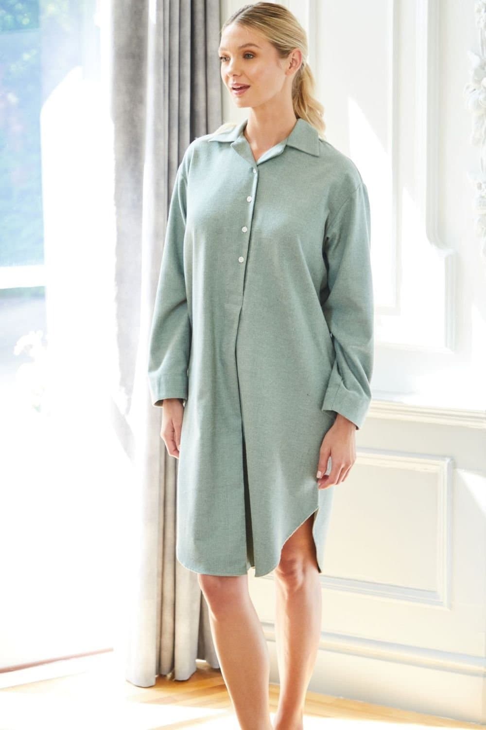 British Boxers British Boxers Women's "Moss" Herringbone Brushed Cotton Nightshirt in Dark Green