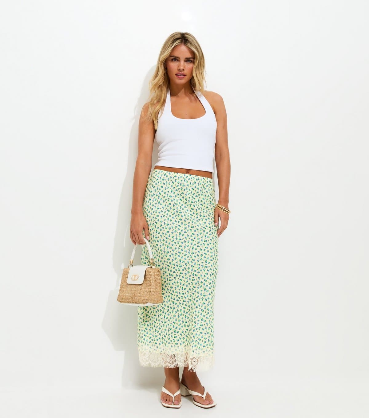 New Look Women's Petite Yellow Ditsy Print Lace Trim Bias Cut Skirt New Look