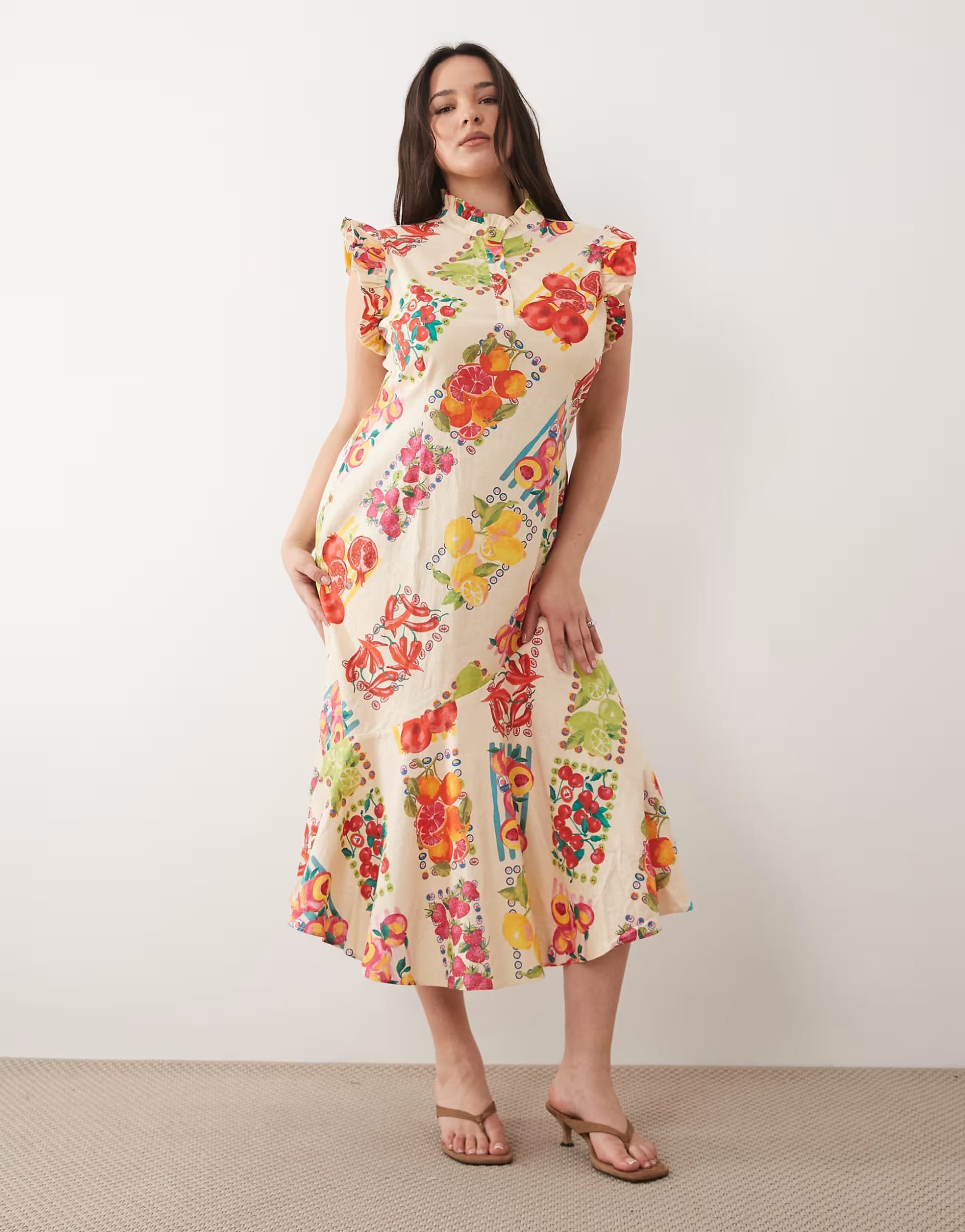 ASOS Never Fully Dressed Plus Remi flutter sleeve button placket midi dress in pink fruit sticker print