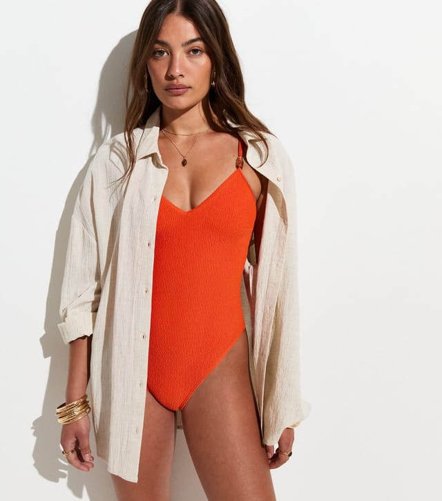 New Look Women's Bright Orange Tummy Control Crinkle Beaded Strap Swimsuit New Look - 3