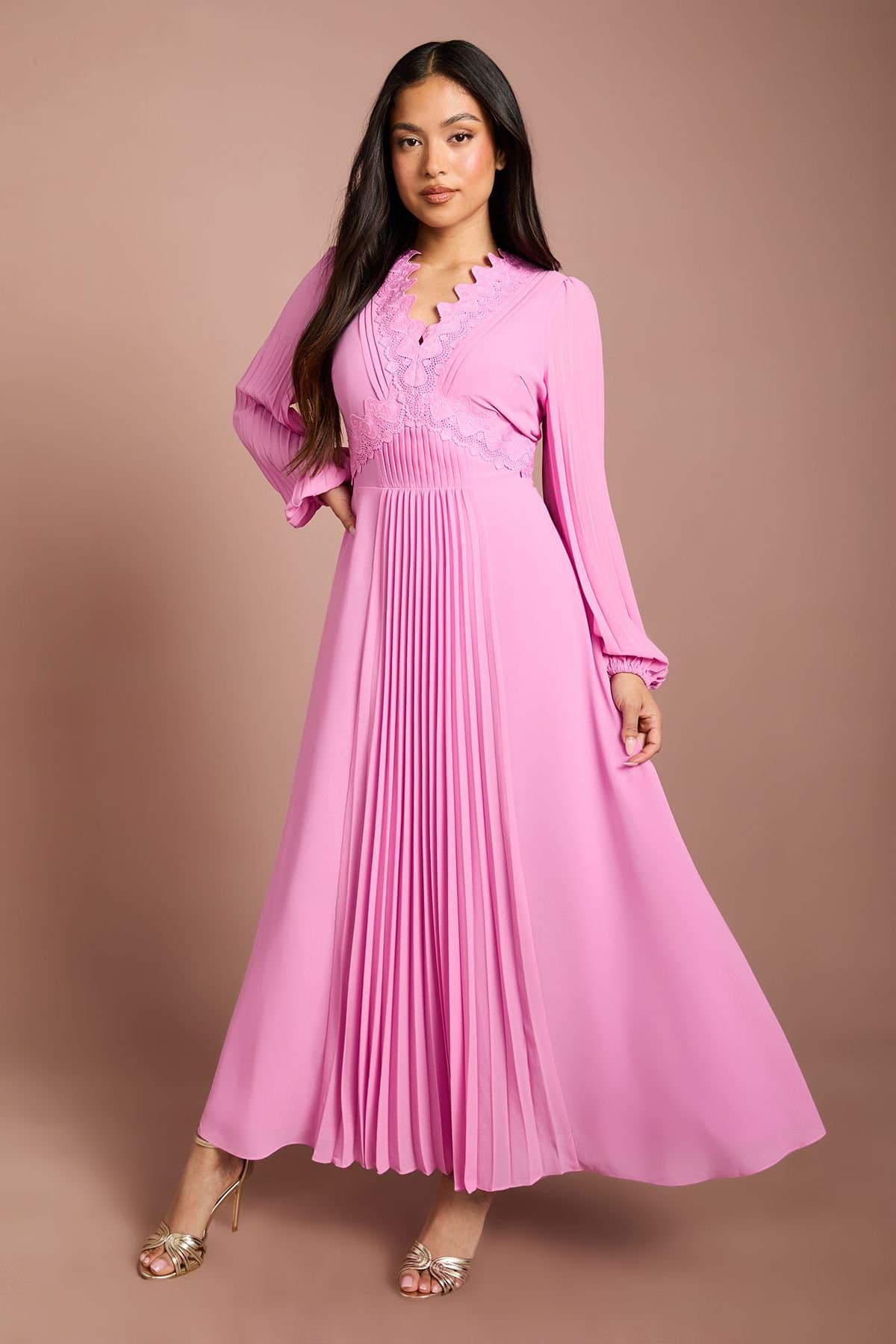 Coast Coast Women's Petite Pleat Detail Lace Trim Maxi Dress in Pink