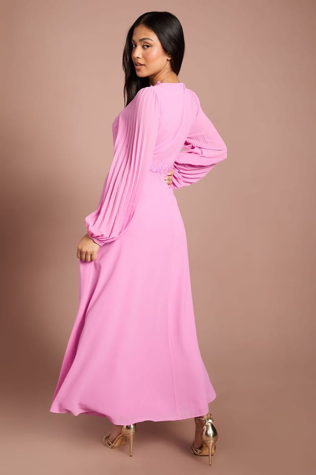 Coast Coast Women's Petite Pleat Detail Lace Trim Maxi Dress in Pink - 3