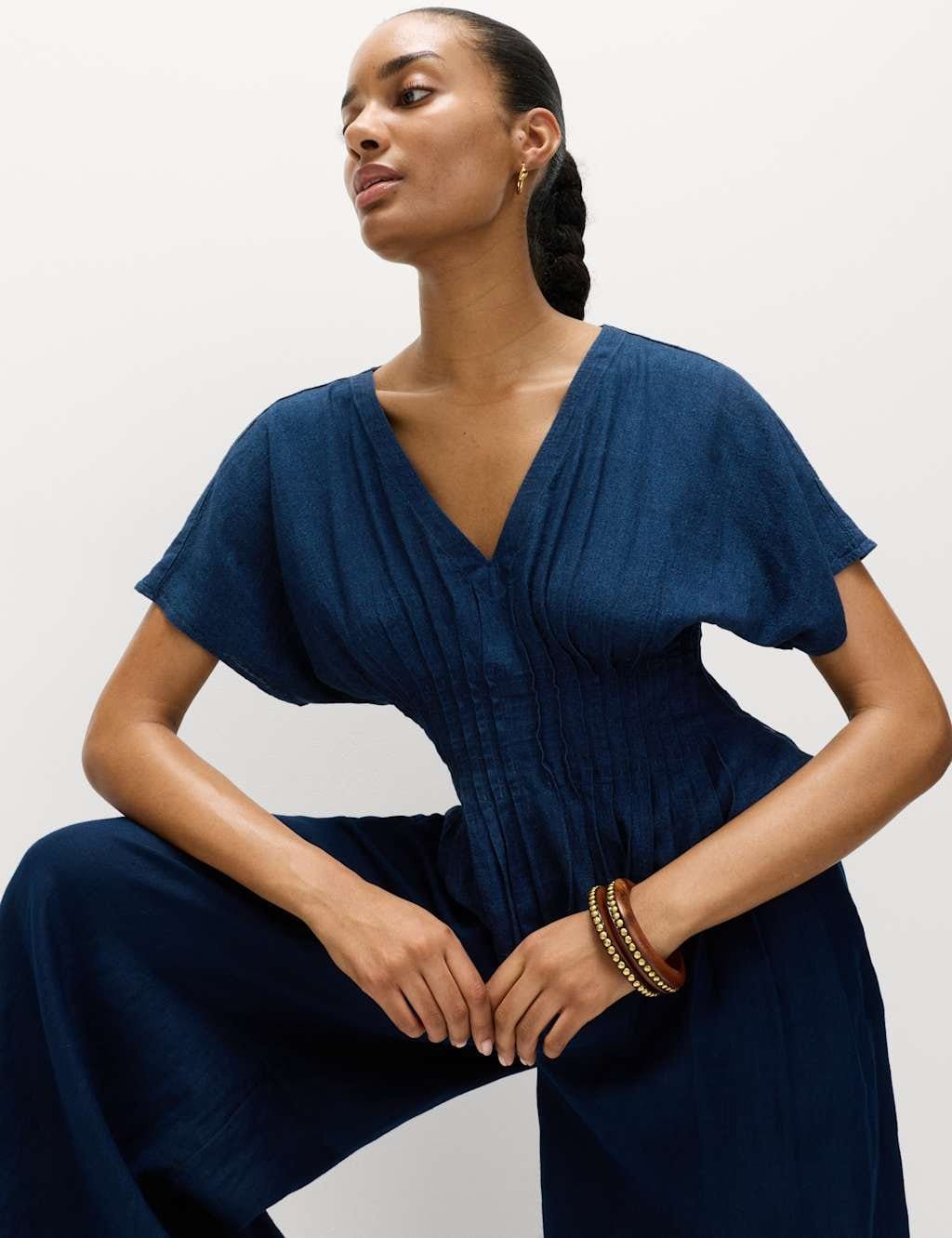M&S Dark Indigo Linen V-Neck Top