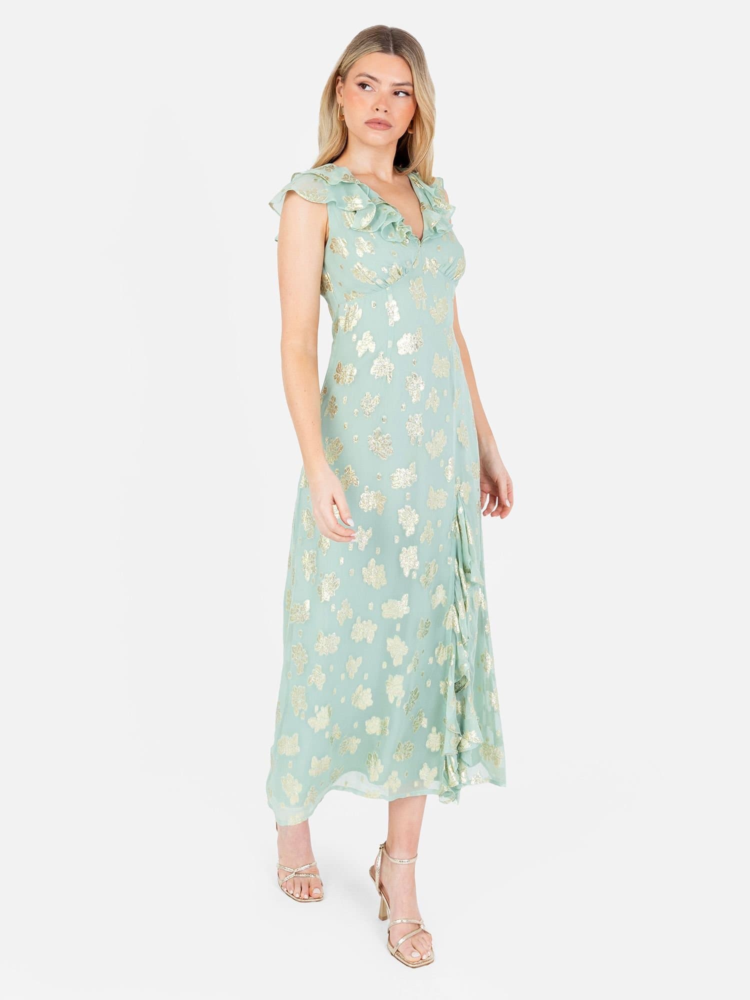 Maya Deluxe Maya Deluxe Women's Floral Ruffle Midi Dress in Green